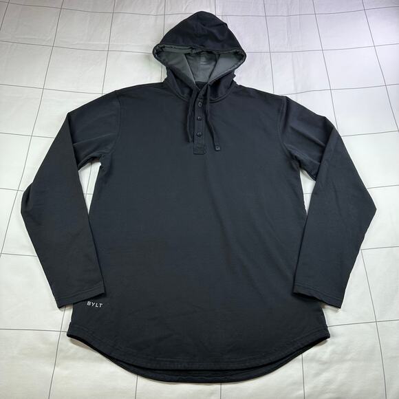 BYLT Hoodie Mens Medium Black Lux Henley Pullover Sweatshirt Basic Casual Solid - Picture 1 of 9